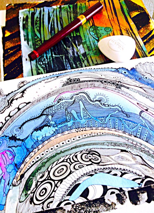 In progress - watercolors, acrylic mono prints, ink pen and eraser.