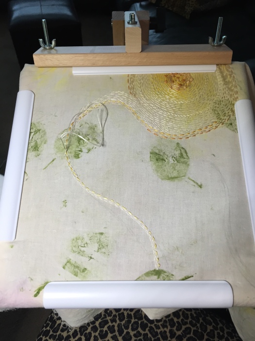 Embroidery in my Q-Hoop frame set in an Edmunds brand standing wood frame. Perfect for stitching.